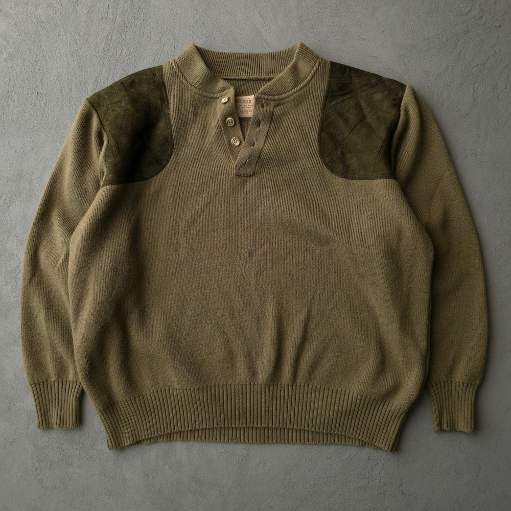 Vintage 90s Filson Olive Green Shooting Sweater Large Suede Patches Henley
